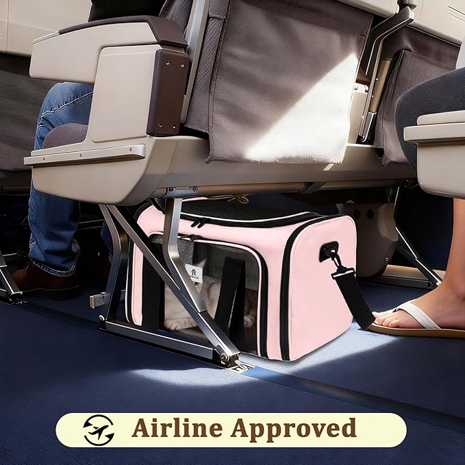 Cat Carrier Dog Carrier - Soft-Sided Cat Carrier with Plush Pad & Cooling Mat, Easy-Load 4-Side Zipper & 3-Side Mesh Ventilation, Pet Carrier Airline Approved for Cats/Dogs Up to 16 lbs, Pink