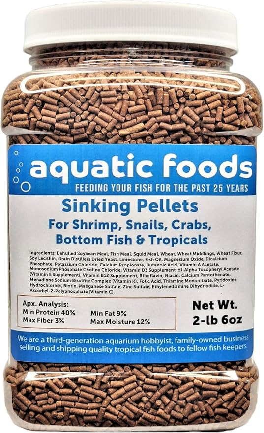Shrimp Pellets, 40% Protein Sinking 1/16" x 3/8" Pellets for Shrimp, Snails, Crabs, Catfish, Plecos for All Tropical Fish, by Zeigler…2-lb 6oz Med Jar
