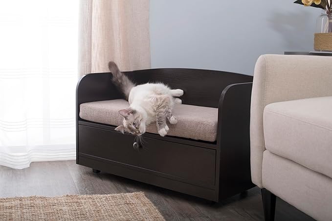Paws & Purrs Cat Sofa Bed with Storage Drawer, Espresso Finish, 31.5″ x 15.75″ x 19.25″ | 3″ Foam Cushion with Washable Cover | Fits Dogs and Pets up to 50 lb