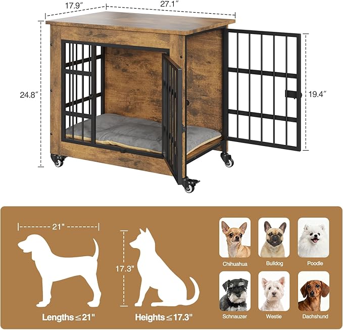 Halitaa 27.1" Dog Crate Furniture with Cushion and Wheels, Wooden Dog Kennel Indoor for Small Dogs, Farmhouse Pet Cage for Anxiety Dog, Rustic Brown (27.1" L x 17.9" W x 24.8" H)