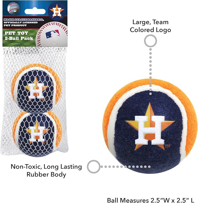 Pets First MLB Houston Astros Tennis Balls for Dogs & Cats - 2 Piece Set with Team Logo in Vibrant Team Color