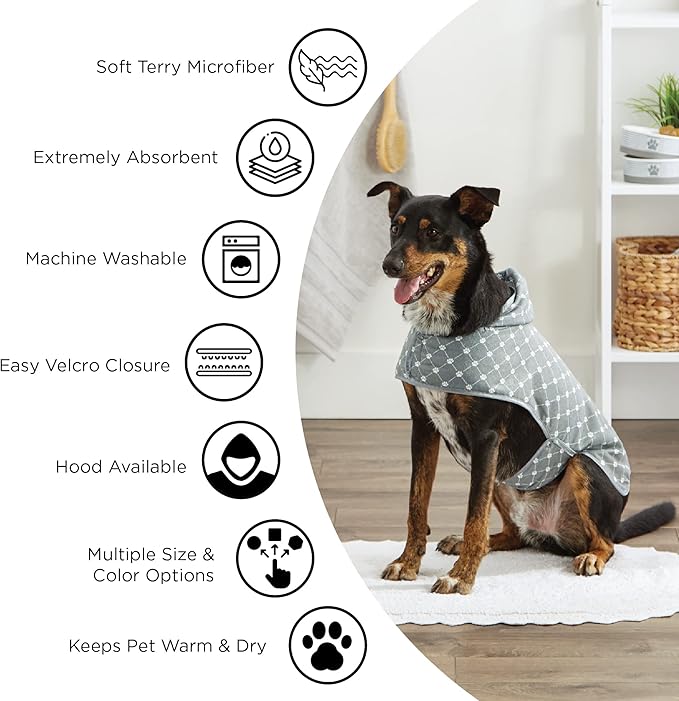 Bone Dry Pet Robe Collection, Embroidered Absorbent Microfiber Bath Robe with Adjustable Closure, for Dogs & Cats, Small, Lettuce Green