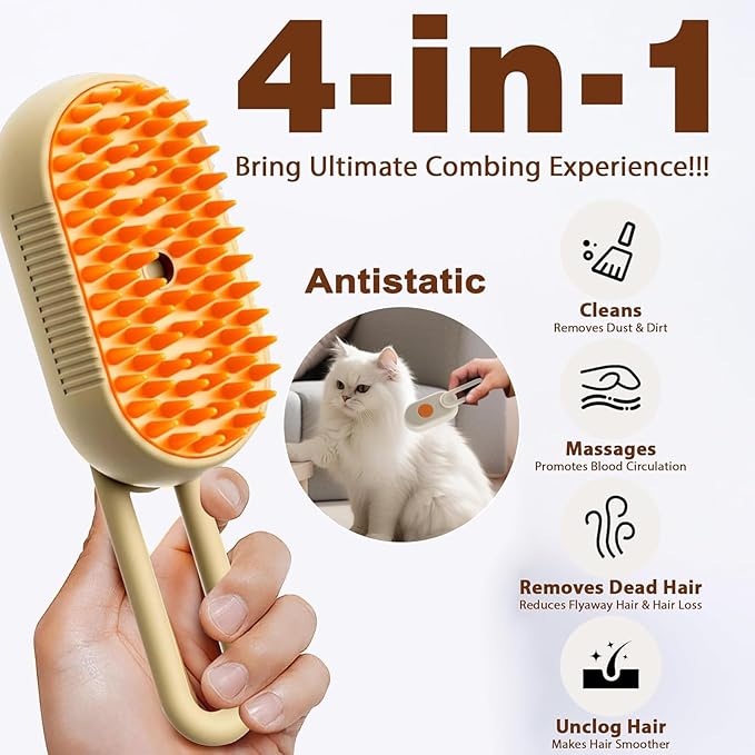 Cat Steam Brush for Shedding, 2026 New 4 in 1 Rechargeable Steam Pet Brushes for Cats & Dogs, Indoor Anti-static Pets Brush for Massage, Cleaning, Shedding & Combing Hair (Beige)