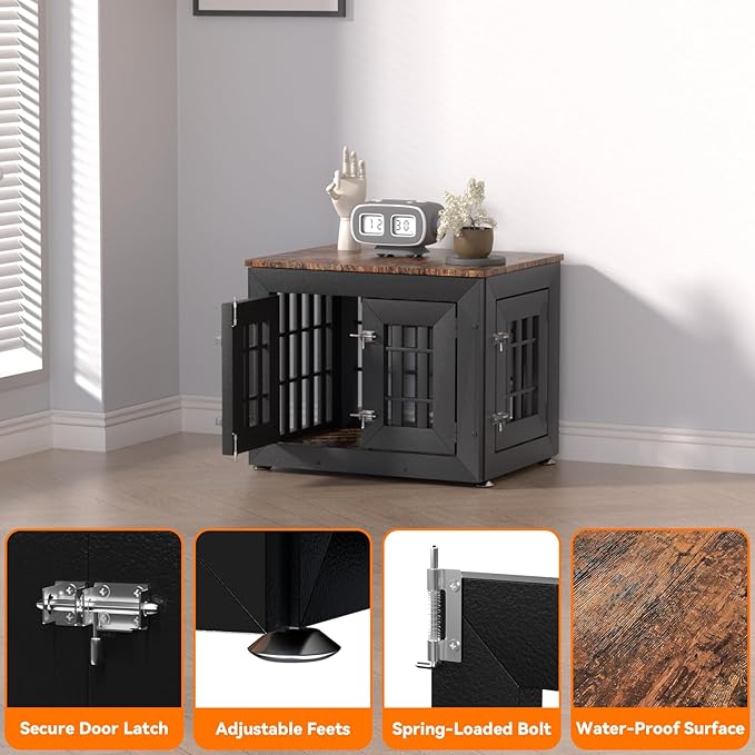 Snuowu 26" Heavy-Duty Dog Crate Furniture for Small/Medium Dogs, Rustic Wooden Dog Cage Kennel Indoor Furniture, Decorative Pet House End Table, Black & Wood