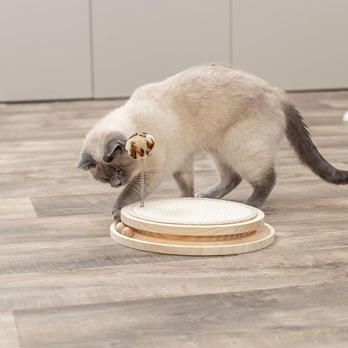 Trixie Cat Scratching Pad with Track Balls & Spring Toy | 3-in-1 Interactive Wooden Scratcher, Sisal Pad, Ball Track with Bell, Mental Stimulation & Exercise for Indoor Cats