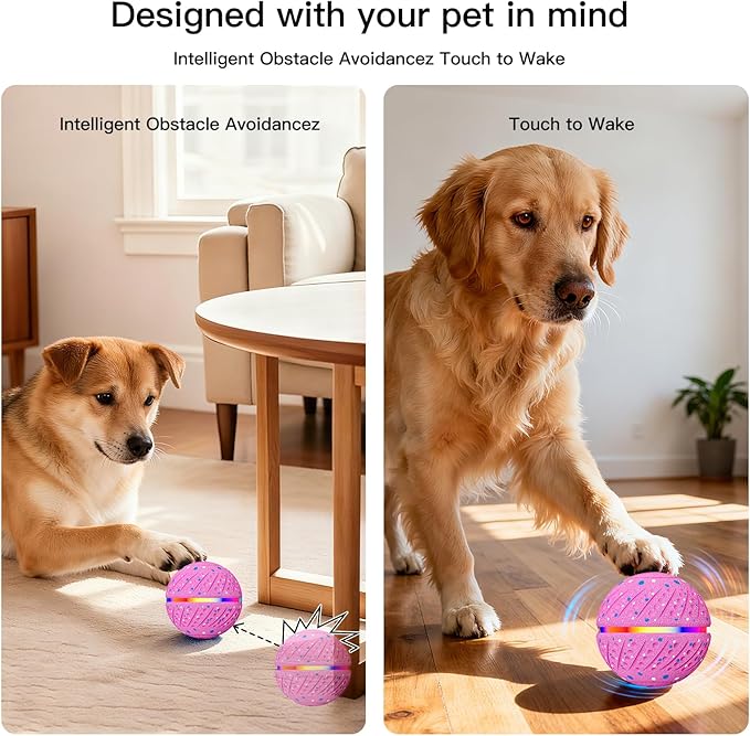 Interactive Dog Toys: Self Rolling & Bouncing Ball to Keep Them Busy, 3 Modes, Type-C Fast Charging, Durable E-TPU & IP54 Waterproof - Best for Small/Medium Breeds & Puppies (Pink)