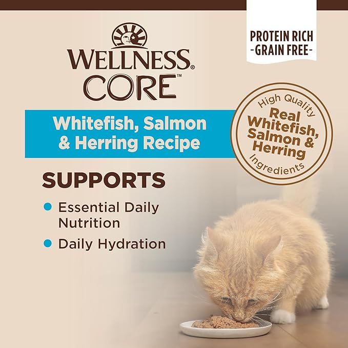 Wellness CORE Pate Adult Canned Wet Cat Food, Natural, Protein Rich, Grain Free, Whitefish, Salmon, and Herring Recipe, 3 oz, Pack of 12 Cans