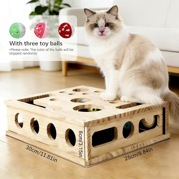 Cat Nail File Enrichment Box with Sandpaper 3 Balls, Multilayer Solid Wood Cat Scratch Puzzle Box Nail File, Interactive Cat Puzzle Toy for Indoor Cats, Alternative to Nail Clippers