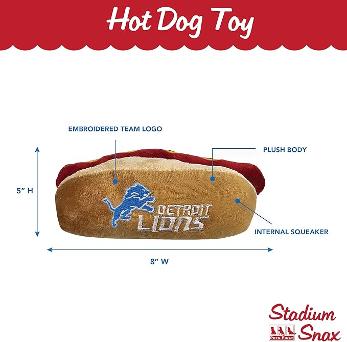 Pets First NFL Detroit Lions HOT Dog Plush Dog & CAT Squeak Toy - Cutest HOT-Dog Snack Plush Toy for Dogs & Cats with Inner Squeaker & Beautiful Football Team Name/Logo, 8 x 5 x 3 Inches