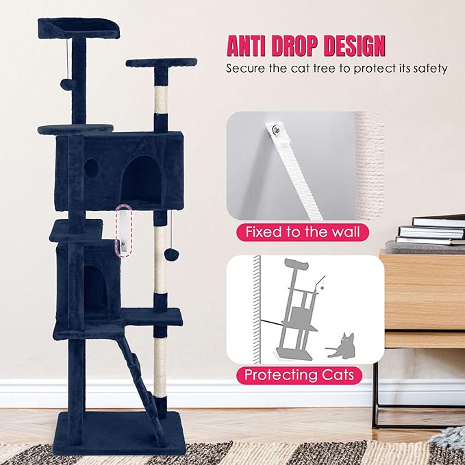 24/7 Shop at Home Court 70 inch Multi-Level Cute Cat Tree Tower with Dangling Ball and Scratching Posts for Indoor Cats Adults, Kitten Supplies, Pet House, Navy Blue