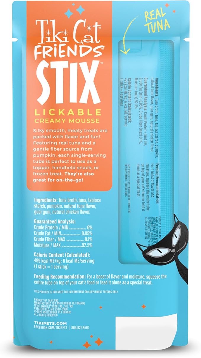 Tiki Cat Friends Stix Mousse Treats, Single Serve Lickable Treat or Dry Food Topper, with Tuna & Pumpkin in Gravy, 1.6 oz. Pouch