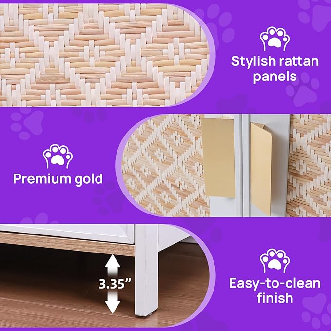 Large Boho Cat Litter Box Enclosure for 2 Cats, Hidden Cat Washroom Furniture with Rattan Doors, Dual Compartment Litter Cabinet & TV Stand, Modern Wooden Cat House (47.2”L x 19.6”W x 19.8”H)