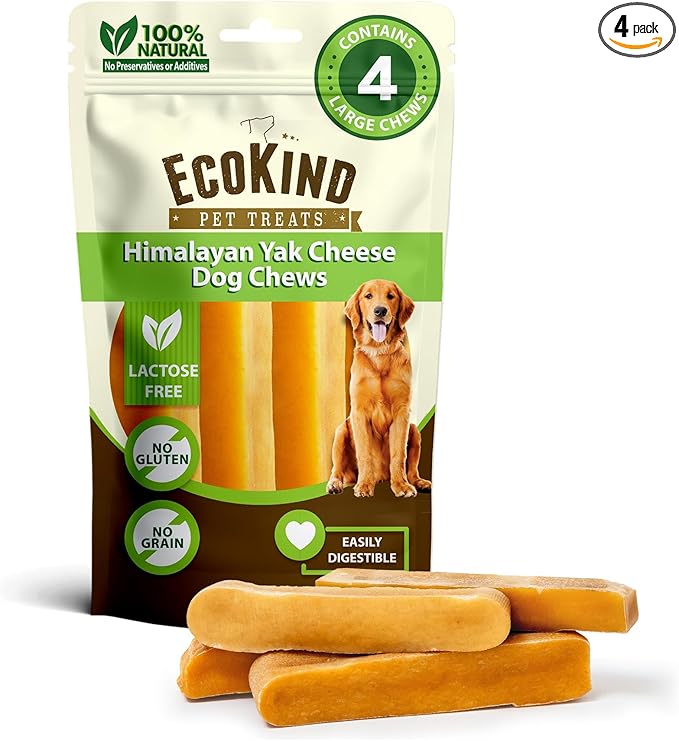 EcoKind Yak Cheese Himalayan Dog Chews, Yak Chews for Large Dogs, Long Lasting Bone for Aggressive Chewers, 3 Ingredients, Natural High Protein Treats, No Additives, Lactose Free, Large - 4 Pack