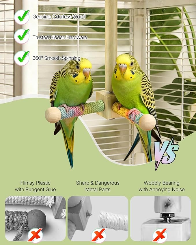 Pawfly 360° Rotating Bird Perch Toy, Interactive Spinning Bird Stand Parrot Perch, Natural Wooden Chew Toy for Small Birds, Cockatiel Toy, Parakeet Toy, Bird Toys for Parakeets, Bird Cage Accessories