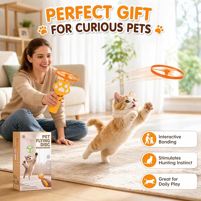Cat Fetch Toy, Rechargeable Flying Disc Launcher Toy with 6 Flying Discs, Interactive Cat Toy for Indoor Cats, Cat Chase Toy for Bored Indoor Cats, Kittens & Adult Cats