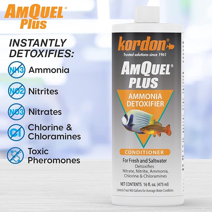 Kordon AmQuel Plus Aquarium Water Conditioner - Instantly Detoxifies Ammonia, Nitrite, Nitrate, and Chlorine Remover for Freshwater & Saltwater Aquariums, 16 Ounces (Pack of 2)
