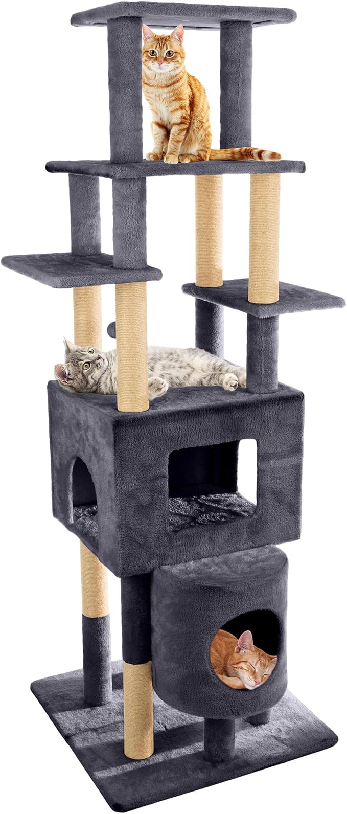 68” Tall Cat Tree Tower - Cat Tower with 2 Kitten Condos, Climbing Perches, 8 Jute Rope Scratching Posts, and Hanging Toy - Multi-Level Kitten Tree and Climbing Activity Furniture by PETMAKER (Gray)
