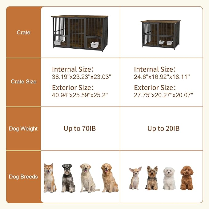 Hadulcet Foldable Dog Crate Furniture, 41'' No Assembly Indoor Dog Kennel with Storage Top, Wooden Dog Crate Table for Small to Medium Dogs, Furniture Style Dog Cage with 2 Bowls Rustic Brown