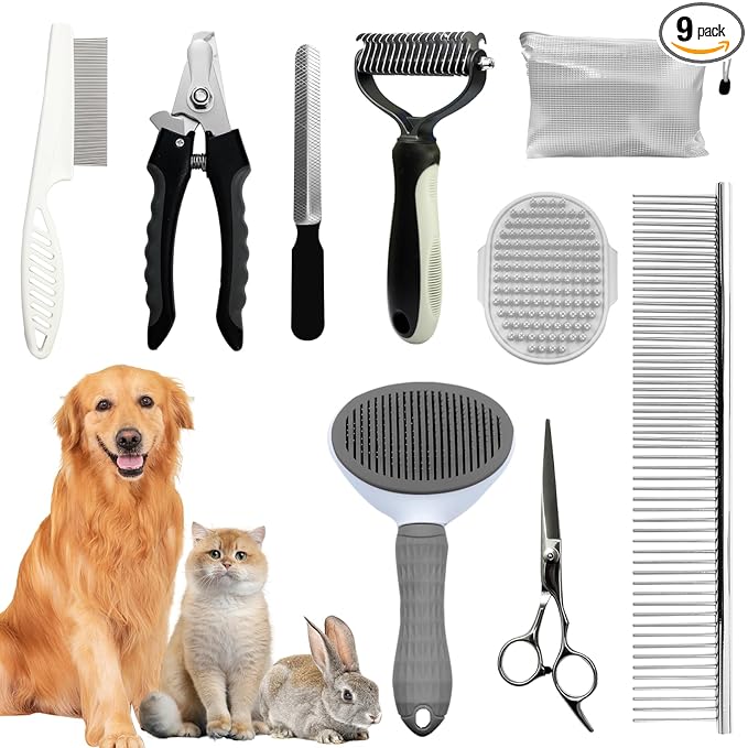 Dog Brush & Grooming Kit – 9-Piece Pet Brush & Deshedding Set for Shedding, Bathing, Trimming & Nail Care | Grooming Tools for Dogs & Cats, Includes Comb, Nail Clipper, Scissors, Slicker Brush (Gray)