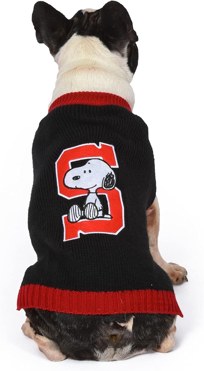 Peanuts for Pets Comics Snoopy Collegiate Dog Sweater, Soft and Comfortable Apparel Clothing Shirt for Medium Dogs, Black