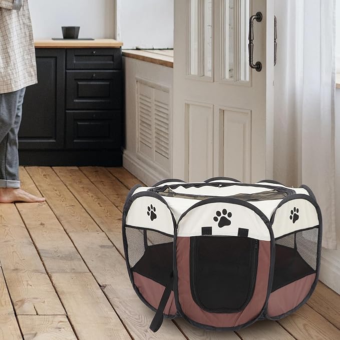 KALLORY Portable Pet Playpen Octagonal Soft Puppy Playpen Folding Oxford Fabric Small Dog Crate with Zipper Mesh Door Indoor Outdoor Exercise Pen for Puppies and Small Dogs