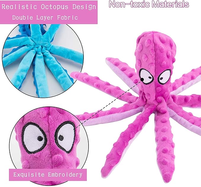 Laytek Squeaky Octopus Dog Toys for Large Dogs, No Stuffing Crinkle Paper Plush Dog Toys for Puppy Teething, Durable Interactive Dog Toys for Small Medium Dogs (Purple)