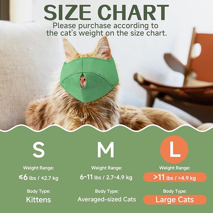 BARKLESS Cat Calming Muzzle for Grooming & Nail Trimming, Oxford Muzzle with Shading Design to Help Calm the Cat Down, Soft Head Cover to Prevent Biting & Scratching (Green, L)