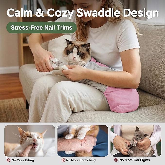 Cat Wrap for Cutting Nails, Self-Adhesive Cat Nail Clipping Restraint Bag, Anti-Scratch Cat Grooming Wrap Swaddle for Meds, SubQ Fluids, Ear Cleaning, Teeth Brushing & Vet Visits,Pink,L