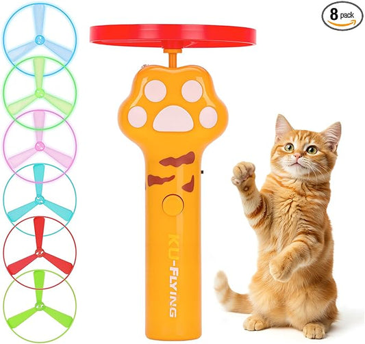 Cat Chase Fetch Toy - Rechargeable Disc Launcher with 6 Flying Spinners - Best Interactive Pet Hunting Toys for Indoor Outdoor Yard Cats Dog (Yellow)
