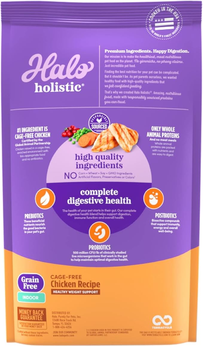 Halo Holistic Cage Free Chicken Cat Food, Grain Free Dry Cat Food, For Healthy Weight Support, Kibble for Indoor Cats, 6 lb Bag