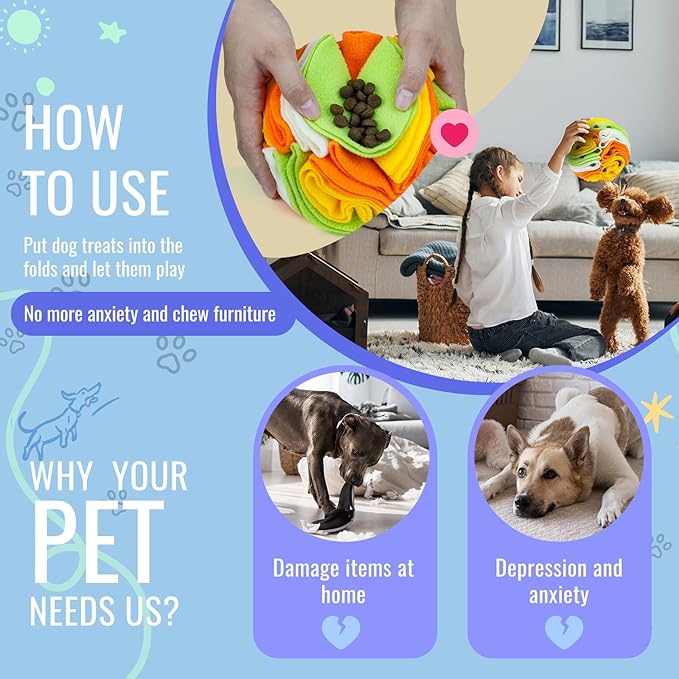 Pet Snuffle Ball, Puzzle Sniffing Interactive Dog Ball for Blind Dogs Training Stress Relief Dog Enrichment Toys Treat Machine Washable (15cm, Tropical Fruit)