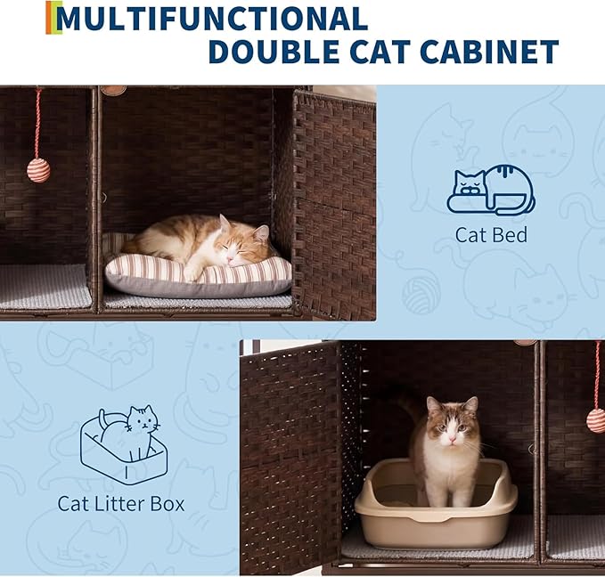 Cat Litter Box Enclosure Furniture, Handwoven Rattan Cat Houses, Hidden Cat Washroom Furniture with Door/Mat, Large Space Cat Houses with S-Shaped Hooks, Living Room, Bedroom, Brown