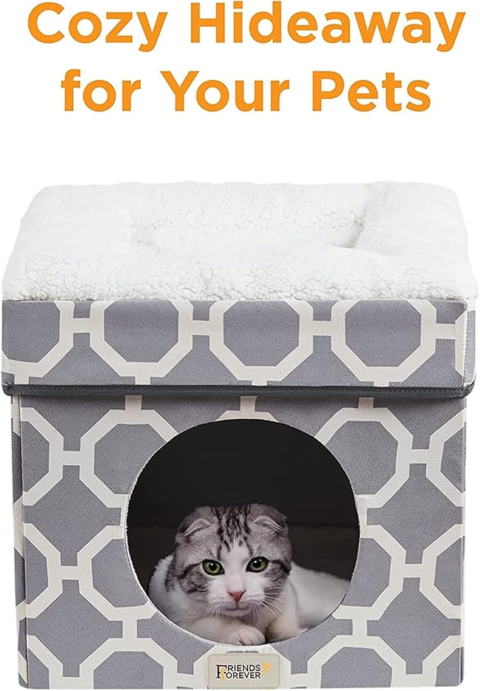 Friends Forever Taylor Upholstered Indoor Cat Bed, Collapsible Pet Cube Home, Kitten House With Sherpa Padding, Non Skid Base, Travel Friendly Foldable Ottoman Condo, Pop Up Tent Cave - Grey / Ivory