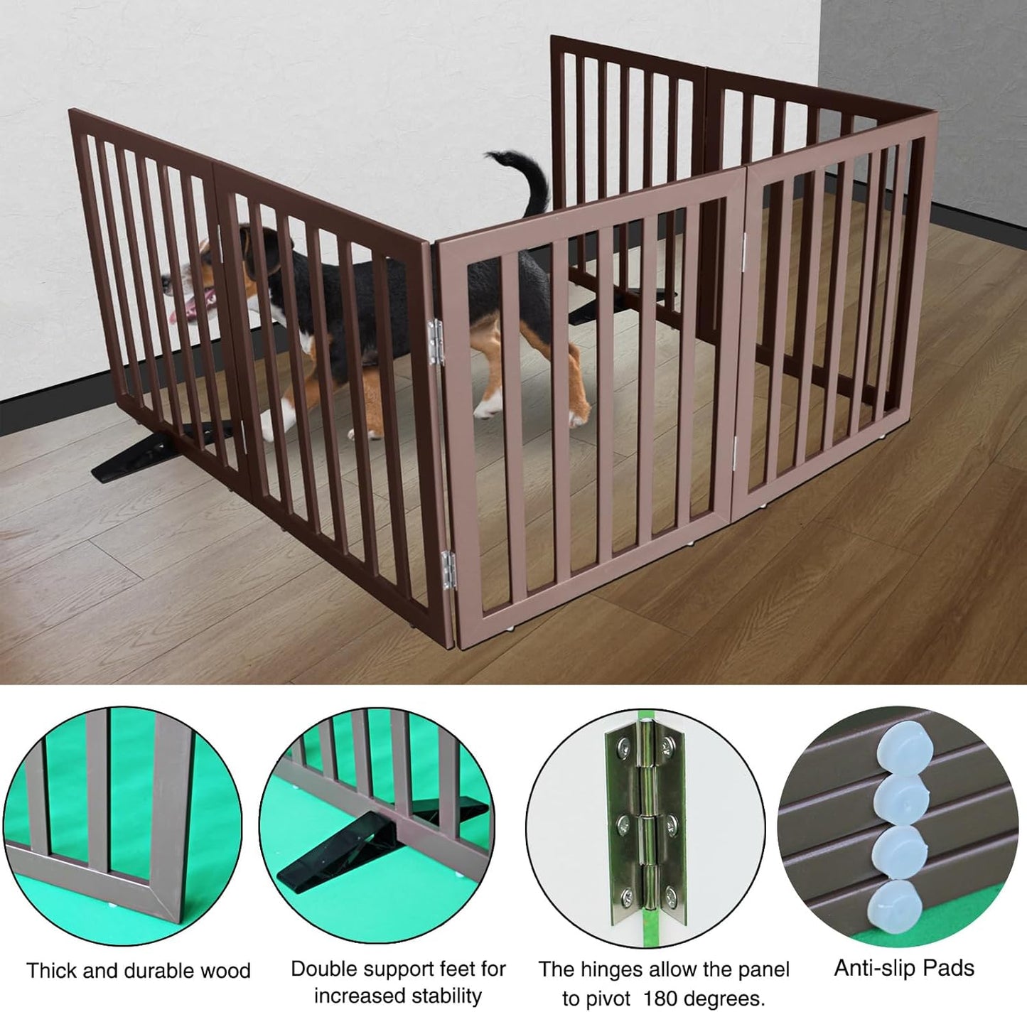 ZJSF Freestanding Indoor Dog Gate for House Foldable Wood Puppy Gate for Doorways Pet Gate for Stairs Extra Wide Pet Fence, Brown, 24" Height 6 Panels