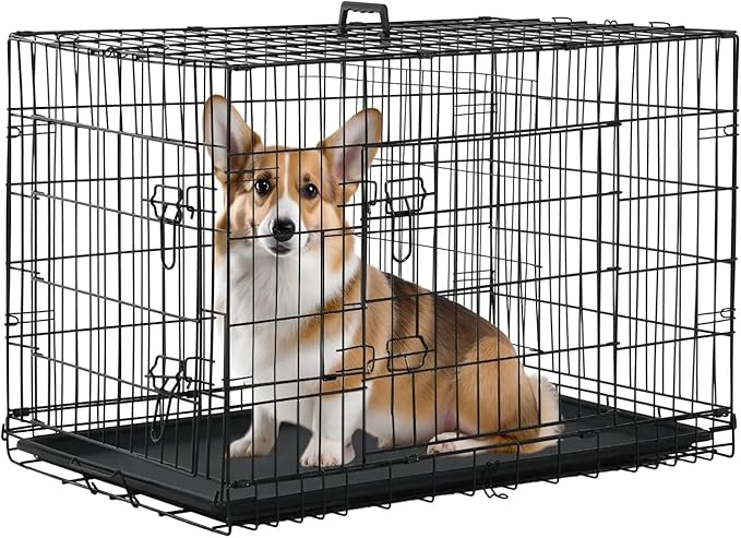 Portable Double-Door Dog Crate - Extra Large Travel Dog Crate for Medium Sized Dogs - Folding Metal Wire Dog Cage with Removable Tray & Divider Panel (Black, 30")