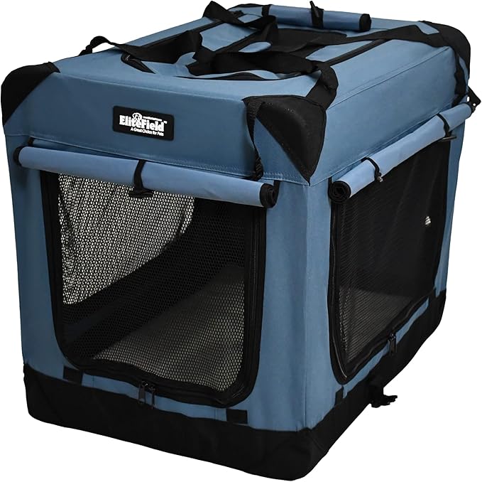 EliteField 4-Door Folding Soft Dog Crate with Curtains, Carrying Bag and Fleece Bed (2 Year Warranty), Indoor & Outdoor Pet Home (24" L x 18" W x 21" H, Blue Gray+4 Door Curtains)