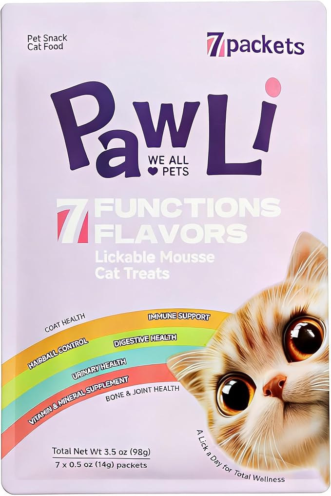 PAWLI 7-in-1 Functional Lickable Cat Treats Variety Pack, Squeeze Cat Treats for Skin Coat, Hairball, Digestive, Urinary & More, Grain-Free Cat Snacks, 7 Count 7 Flavors (3.5 oz Total)