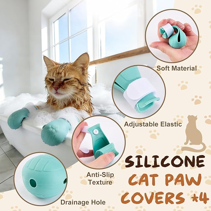 Adjustable Cat Muzzle for Grooming with 4 Paw Cover, Breathable Mesh Cat Head Cover, Anti-Bite Cats Mask, Silicone Paw Protector for Nail Trimming, Bathing (S)