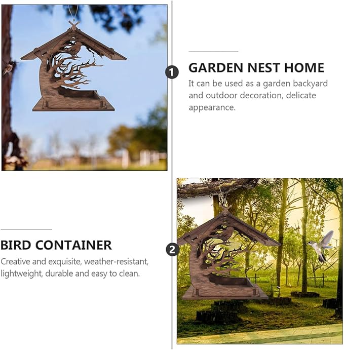 Milisten Wooden Decorative Bird Feeder House with Hanging Bird Food Container for Garden Outdoor Nesting and Wildlife Feeding, Brown Wood DIY Birdhouse for Backyard Birding