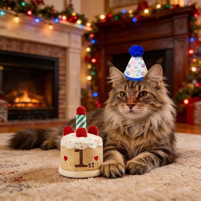 Cat Birthday Toy Kitten Cake with Birthday Hat Puppy Dog Plush Gift for Small Medium Pet (1 Year)