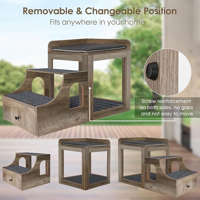 Cat Window Perch with Removable Stairs, Large Pet Bunk Bed with Drawer and Cushion for Cats and Dogs, Strong Frame Pet Bed for Bedside, Home, Indoor, Grey