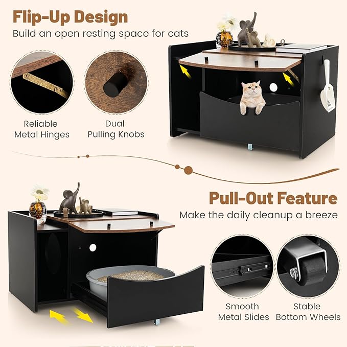 Giantex Cat Litter Box Enclosure - Hidden Cat Washroom Furniture with Rolling Pull-Out Drawer, Flip-up Door, Front Entry, Air Vents, Hanging Hook, Wooden Pet Crate Cat House Storage Cabinet