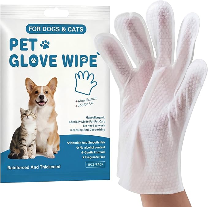 Pet Glove Wipes for Cats & Dogs, No Rinse Deodorizing Cleaning Mittens, Sphynx Cat Supplies, Thickened Hypoallergenic Aloe Vera, Unscented Full Body Grooming, Daily Care & Travel, 6 Count