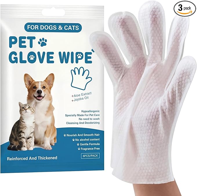 Pet Glove Wipes for Cats & Dogs, No Rinse Deodorizing Cleaning Mittens, Sphynx Cat Supplies, Thickened Hypoallergenic Aloe Vera, Unscented Full Body Grooming, Daily Care & Travel, 18 Count