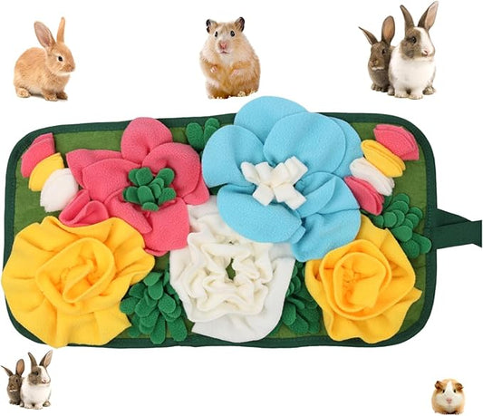 Rabbit Foraging Mat, Rabbit Toy 11.8"x11.8" Rabbits Snuffle Mat Machine Washable Polar Fleece Funny Interactive Nosework Feeding Mat Treat Dispenser for Bunny Guinea Pigs Ferrets Chinchillas (Blue)