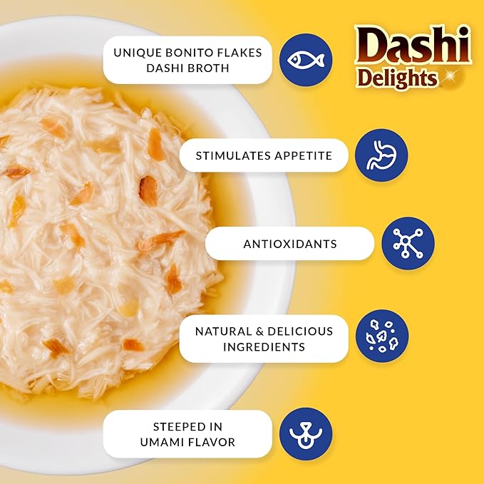 INABA Dashi Delights for Cats, Shredded Chicken Side Dish with Bonito Flake Broth, Cat Food Complement with Taurine & Green Tea Extract, 2.5 Ounce Cup, 6 Cups Total, Chicken with Tuna Recipe