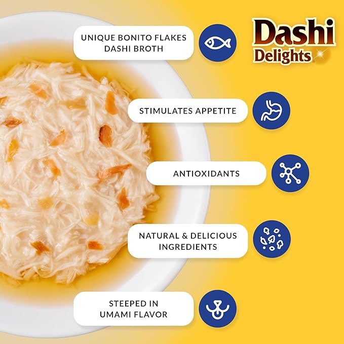 INABA Dashi Delights for Cats, Shredded Tuna Side Dish with Bonito Flake Broth, Cat Food Complement with Taurine & Green Tea Extract, 2.5 Ounce Cup, 6 Cups Total, Tuna with Cheese Recipe