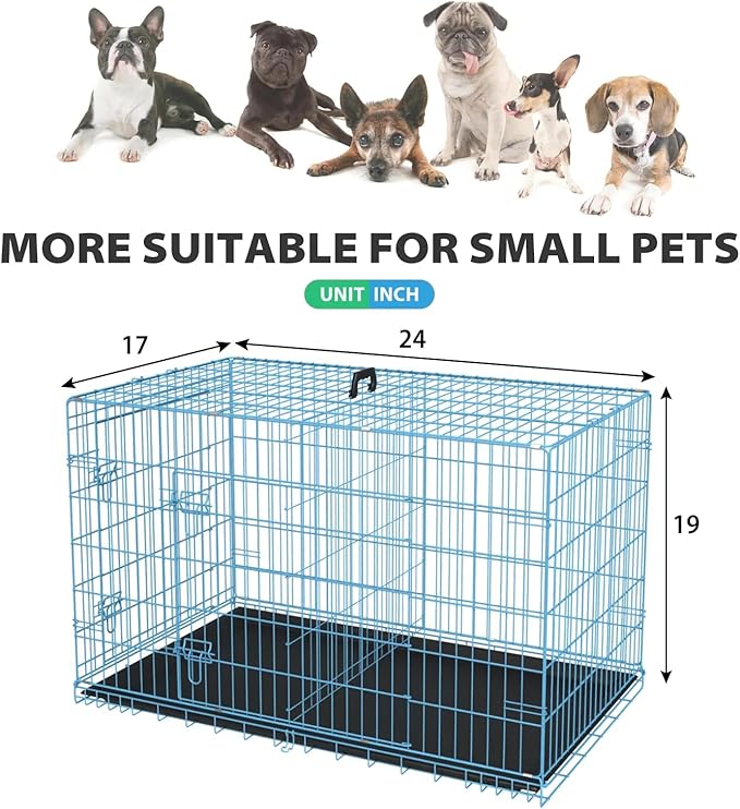 Large Dog Crate Metal Wire Double-Door Folding Pet Cage with Plastic Tray & Handle - Portable Dog Crate for Travel, Dog Travel Crate, Dog Cage for Small Dogs (Blue, 24")
