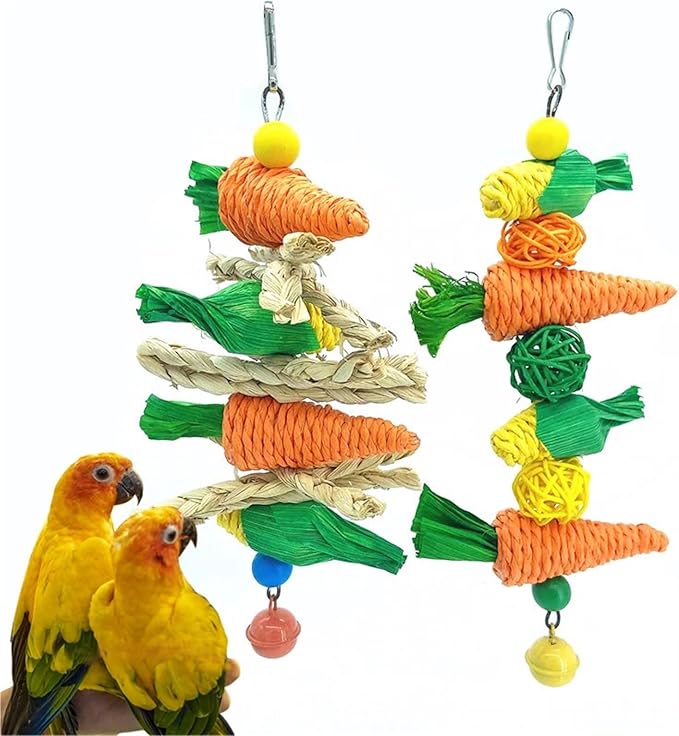 pureza Hand-Woven Straw Rope Chewing Toys for Parrots, Hamsters, and Rabbits - Carrot, Corn, and Rattan Ball Bird Cage Accessories(B Toy String)