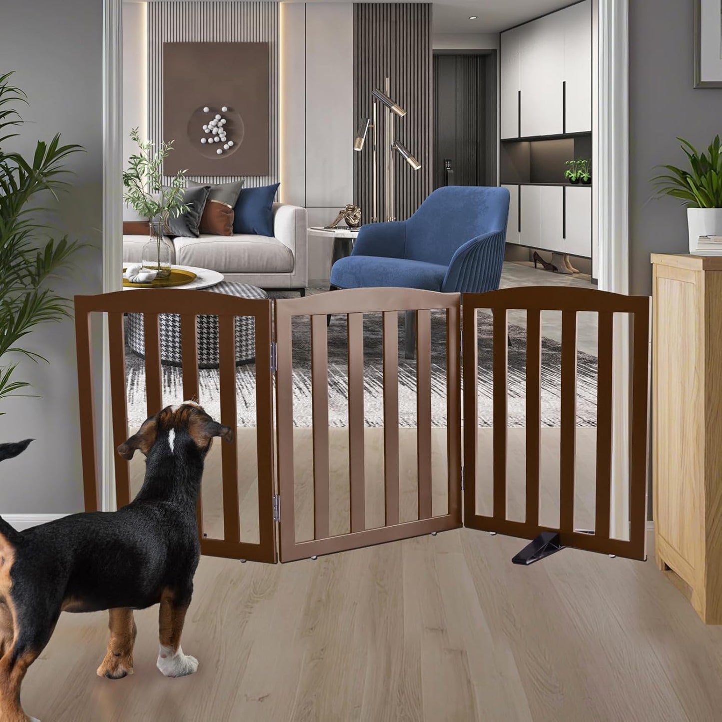 ZJSF Foldable Freestanding Indoor Dog Gate for House Wood Long Pet Gates Dog Fence for Stairs Puppy Gates for Hallways, Puppy Gate,Support Feet Included, Brown, 24 "Height-3 Panels